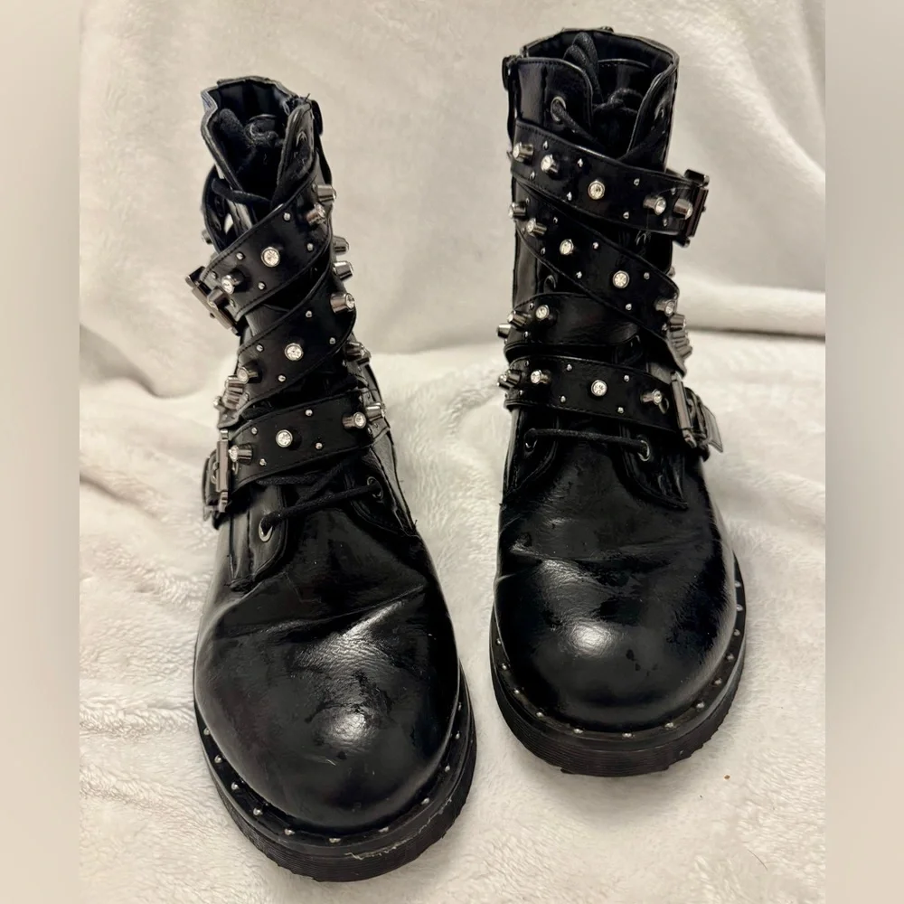 Rhinestone & Studded Black/Silver Combat Boots 9 - Picture 5 of 7